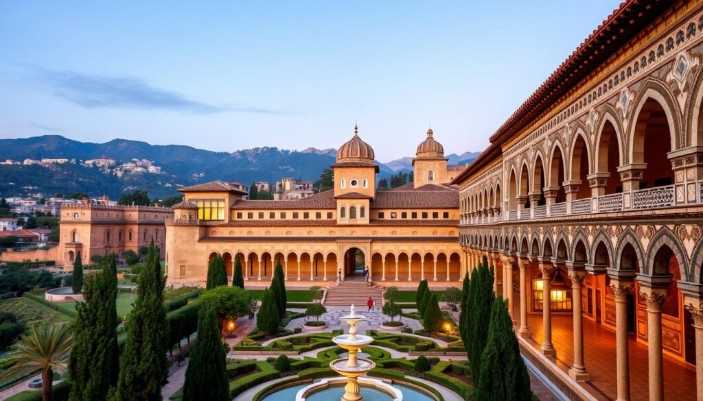 A panoramic view of the Alhambra Palace in Granada, Spain, with its stunning Moorish architecture, surrounded by lush gardens and the Sierra Nevada mountains in the background.