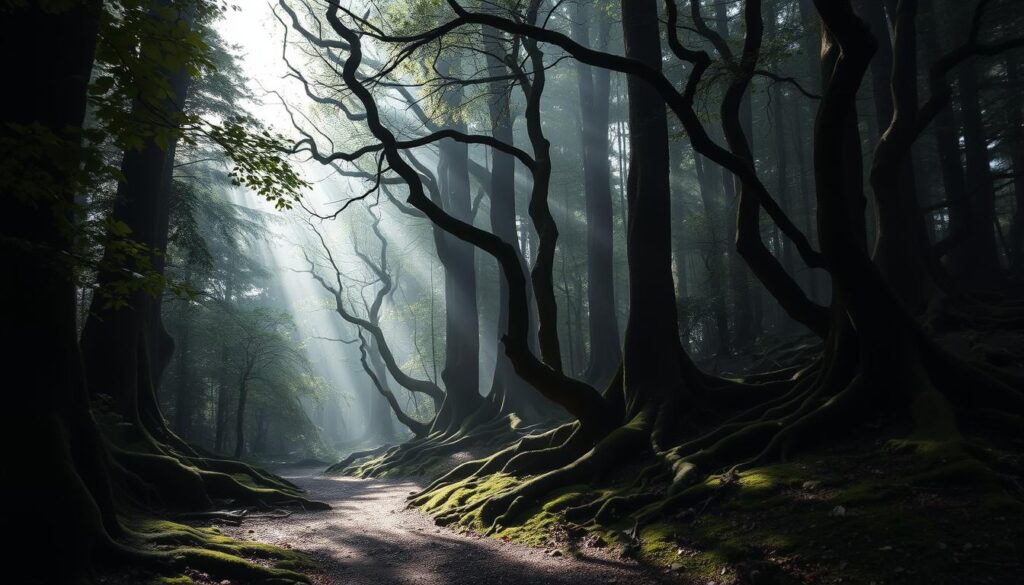 Aokigahara Forest, a dense and serene landscape at the foot of Mount Fuji, Japan