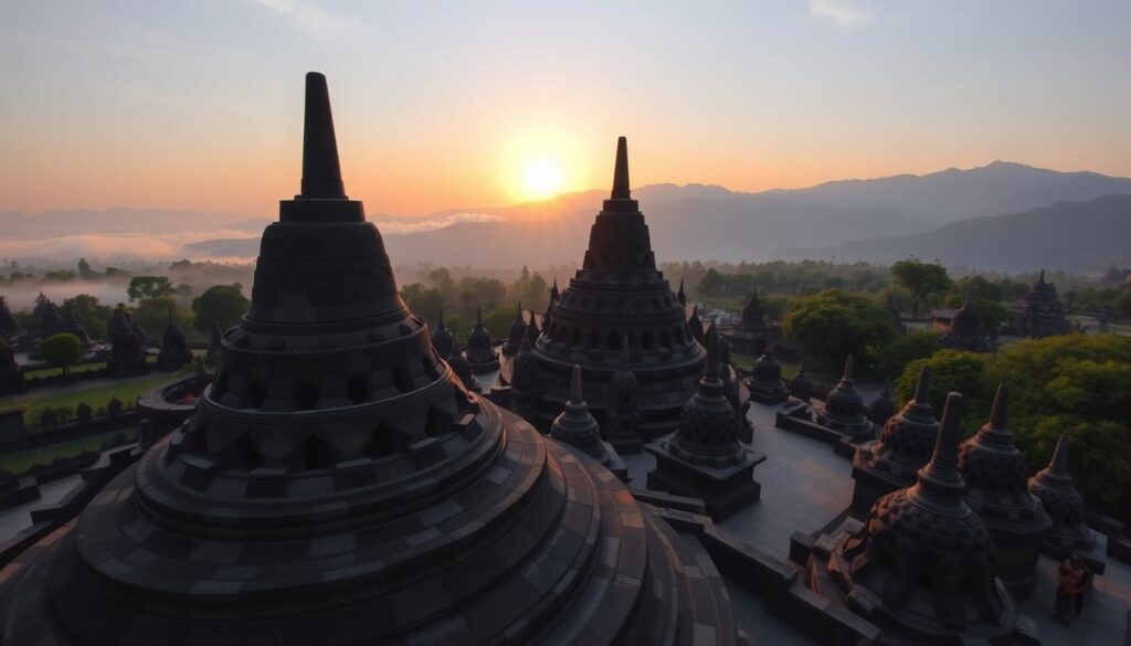 Aerial view of Borobudur Temple in Central Java, Indonesia