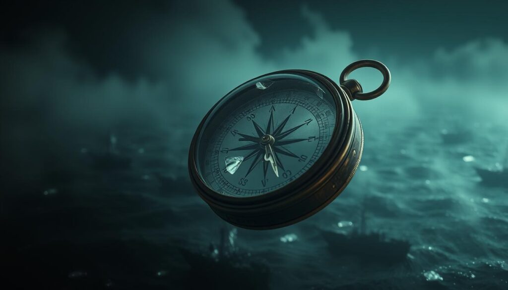 A close-up of a vintage compass with a blurred background of a nautical map, highlighting the effects of compass anomalies