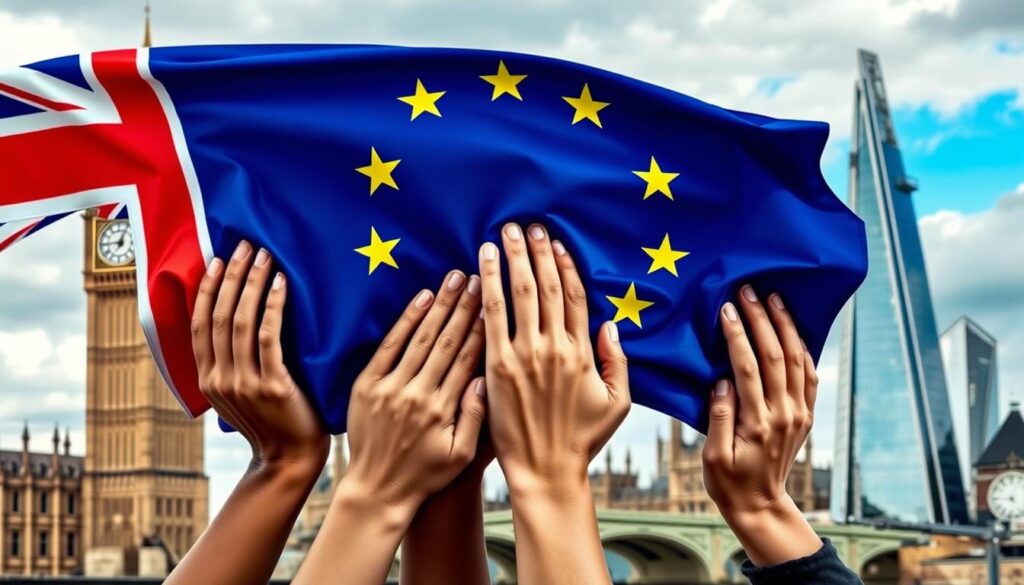 EU citizens holding European Union flags, symbolizing their rights within the EU, such as freedom of movement, employment, and legal protections