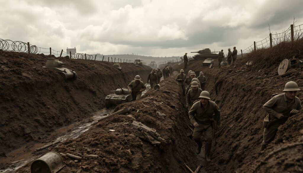 French soldiers in muddy trenches during World War I, surrounded by barbed wire and explosions in the distance