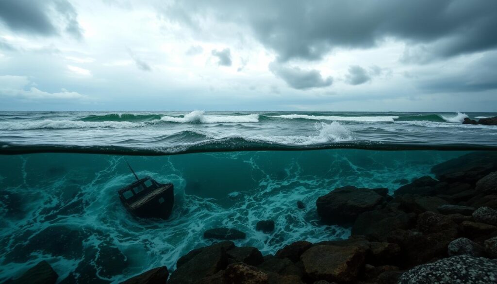 A stormy view of Lake Michigan with dark clouds, lightning, and rough waves crashing against the shore