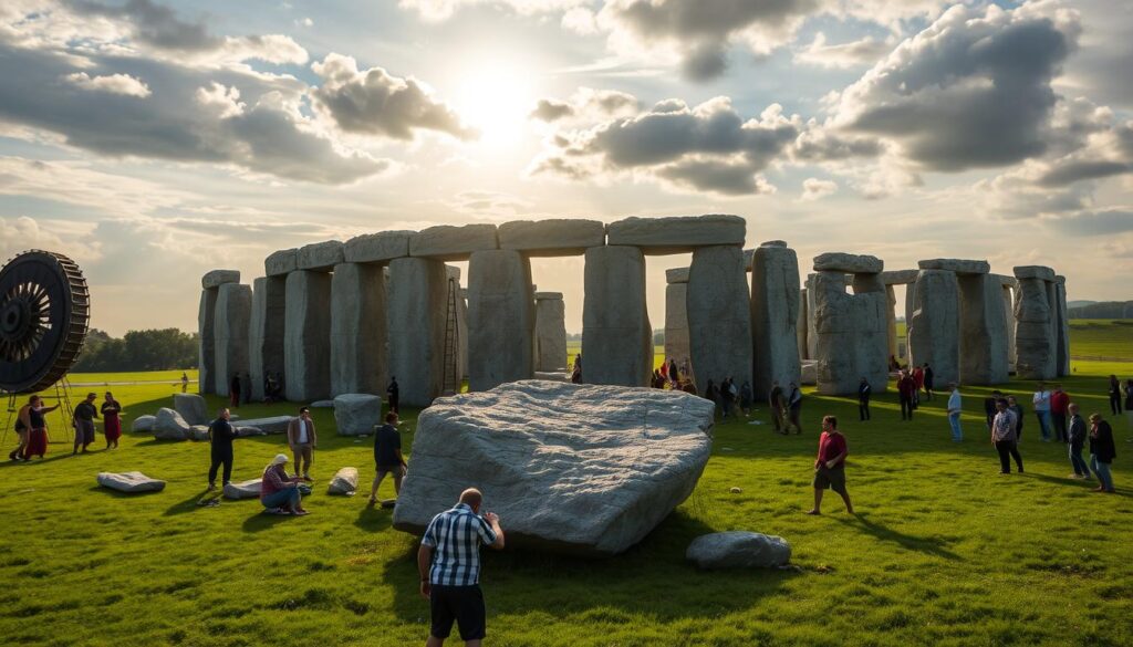 Illustration of the construction process of Stonehenge, showing ancient builders moving large stones into place