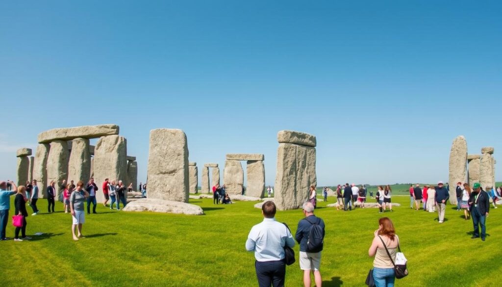 Visitors exploring the ancient stone circle of Stonehenge on a sunny day, with the monument in the background