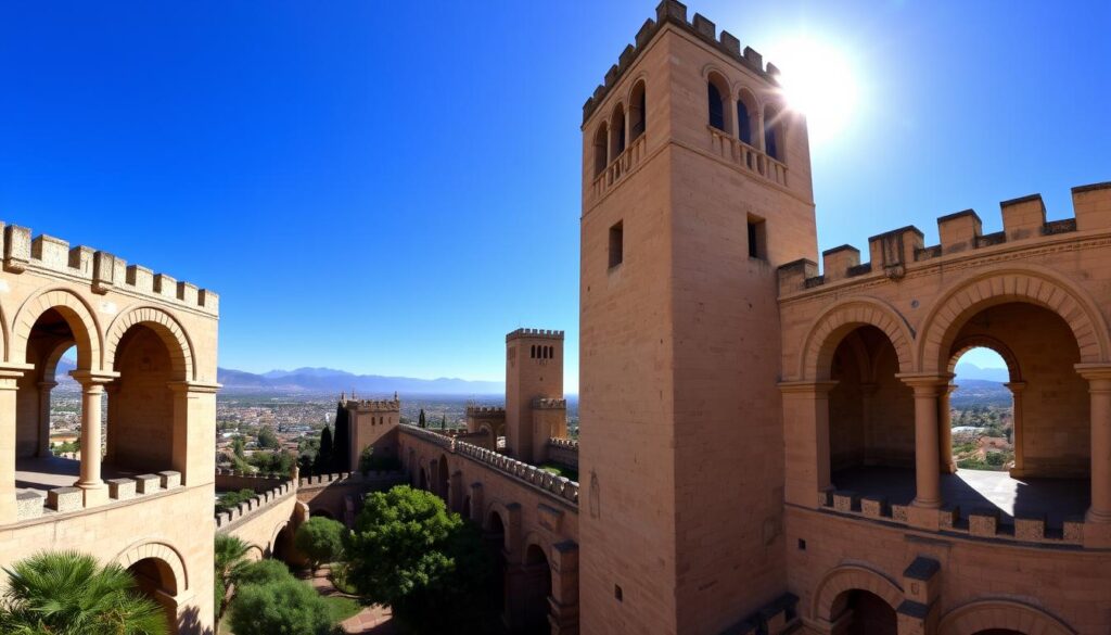 The Alcazaba fortress in the Alhambra complex, featuring strong stone walls, watchtowers, and panoramic views over Granada, Spain.