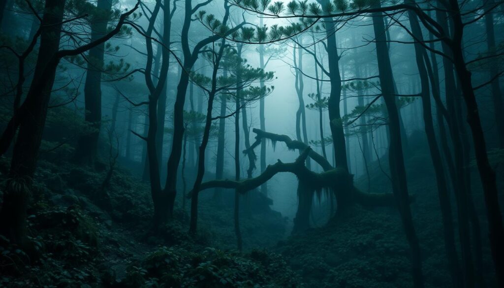 Dense green foliage of Aokigahara Forest with towering trees and a carpet of moss covering the ground