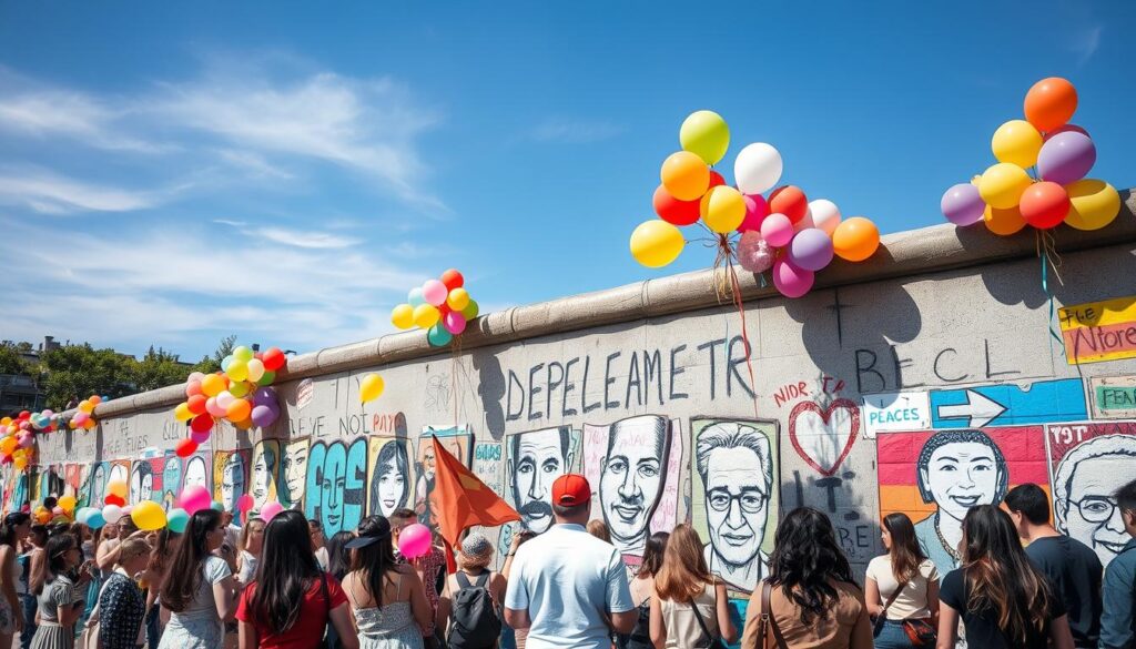 Commemoration event for the anniversary of the Berlin Wall's fall, with people gathered near the remnants of the wall.