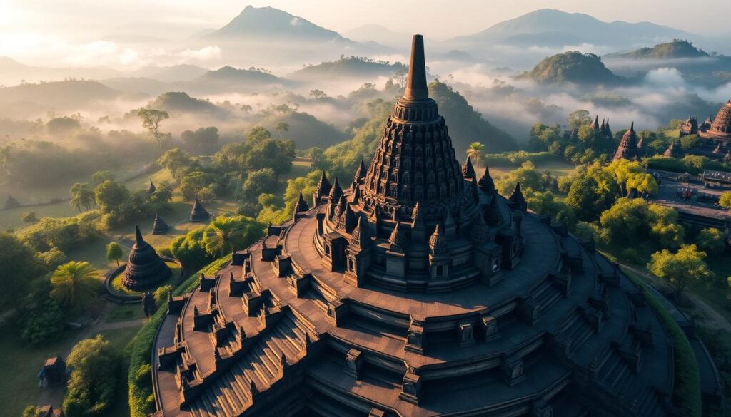 The stunning Borobudur Temple in Central Java, Indonesia, showcasing its multi-tiered structure, intricate reliefs, and Buddha statues