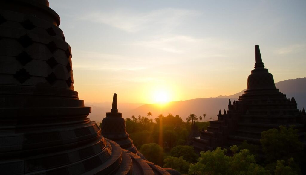 The Borobudur Temple in Central Java, Indonesia, showcasing its tiered structure with stupas and intricate stone carvings