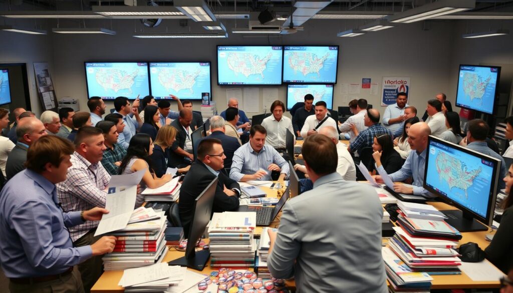 A group of professionals gathered around a table with charts, laptops, and strategy boards, discussing campaign tactics and goals for a political or marketing campaign.

