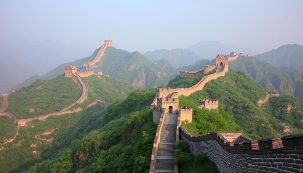 A close-up view of an ancient Chinese fortification, highlighting stone walls and watchtowers against a backdrop of rolling hills