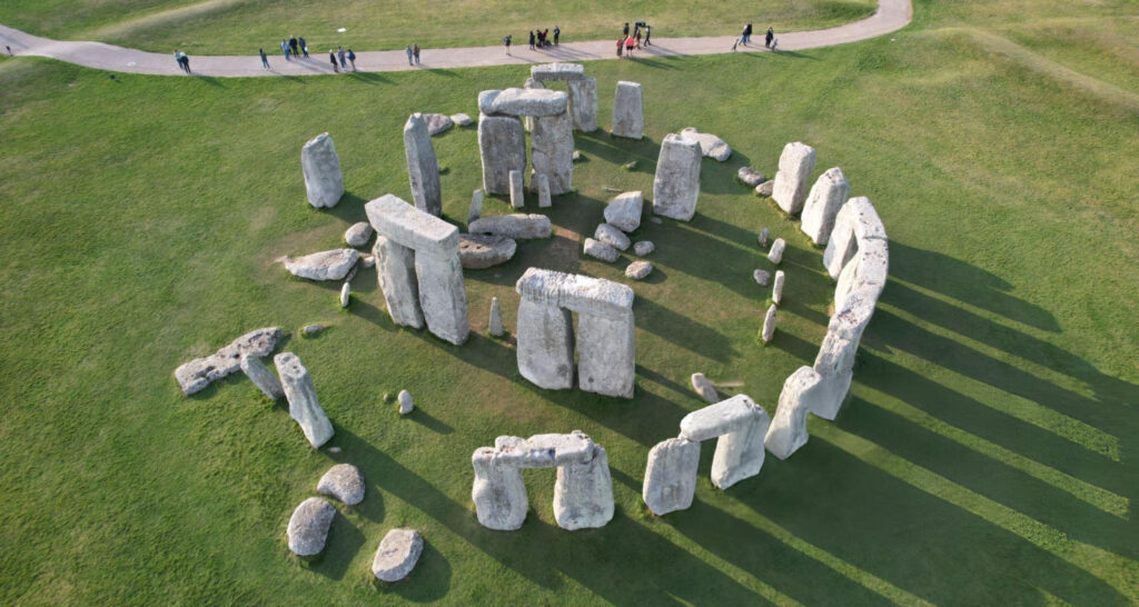 Aerial view of the ancient stone circle at Stonehenge on a sunny day in Wiltshire, England