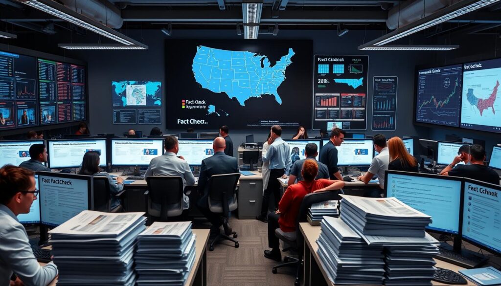 A team of fact-checkers reviewing articles on computers, highlighting efforts to combat misinformation through thorough research and verification.