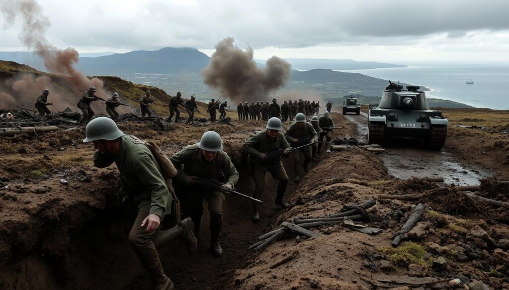 A depiction of the Gallipoli Campaign, showcasing Allied soldiers landing on the beaches, military equipment, and scenes of battle amidst rugged terrain