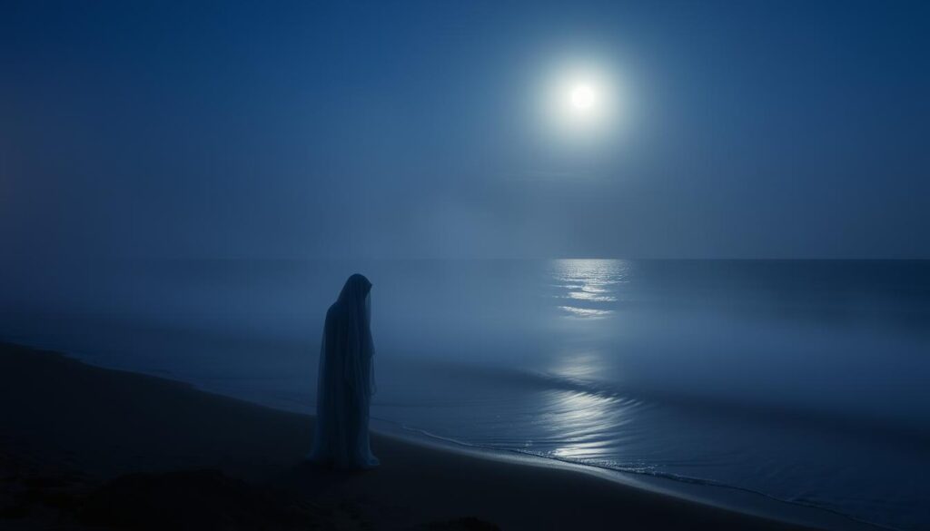 ghostly figure along the shoreline