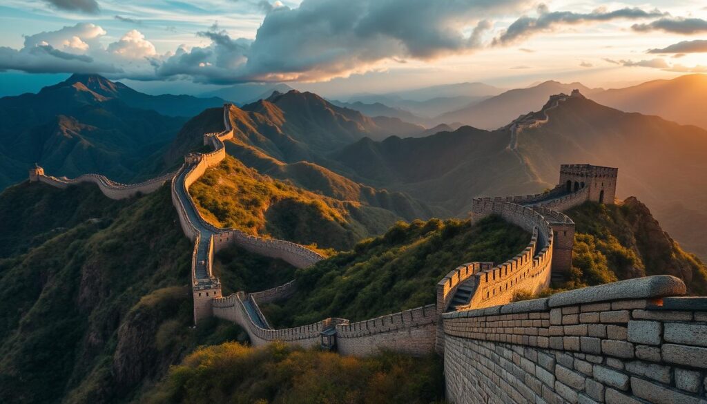 A panoramic view of the Great Wall of China winding through lush mountains and valleys, showcasing its impressive structure