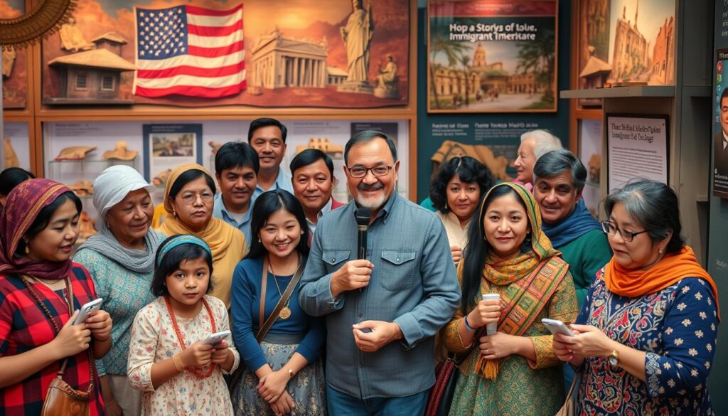 A collage of immigrant families arriving in America, featuring images of Ellis Island, cultural diversity, and individuals sharing stories of adaptation and survival in their new homeland.