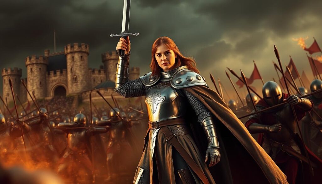 A portrait of Joan of Arc, dressed in armor, holding a sword and standing before a battlefield