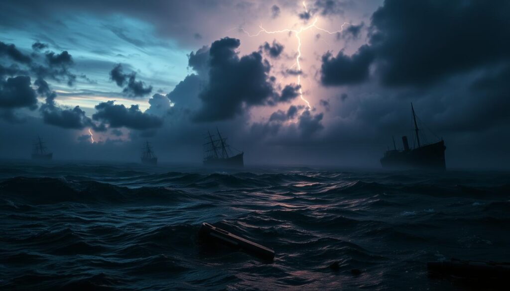 A foggy seascape depicting a ghostly ship silhouette amidst dark, swirling waters, symbolizing maritime mysteries and legends