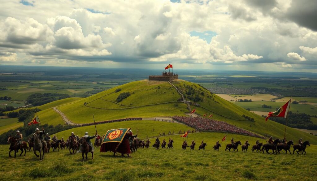 A panoramic view of Senlac Hill, the historic site of the Battle of Hastings, surrounded by rolling green hills and fields.

