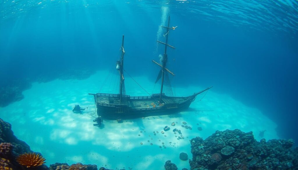 A fleet of Spanish galleons with large sails, navigating through the ocean during the 17th century.