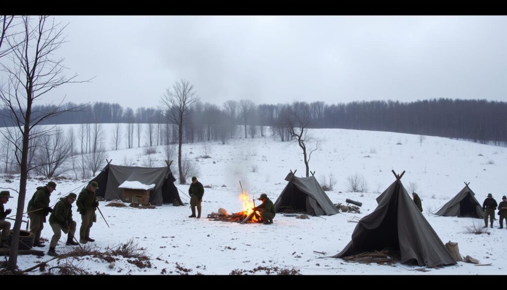  A winter scene at Valley Forge, with George Washington standing beside Continental Army soldiers enduring harsh conditions.