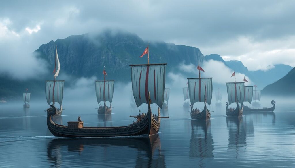 A striking image of a Viking longship sailing on calm waters, showcasing its characteristic long, narrow shape, dragon figurehead, and colorful sail.