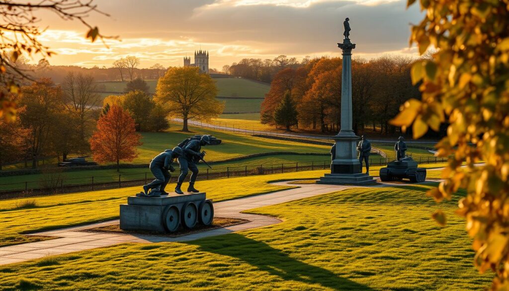 A collection of war memorials, featuring statues, plaques, and monuments honoring fallen soldiers, surrounded by greenery and somber visitors