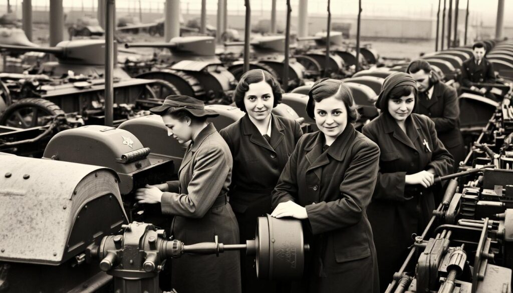 French women working in a munitions factory during World War I, contributing to the war effort by assembling ammunition