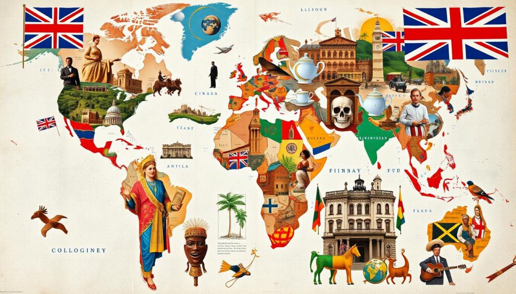  A collage showcasing the cultural influence of the British Empire, featuring iconic symbols such as the Union Jack, British tea, colonial architecture, and cultural artifacts from various regions.