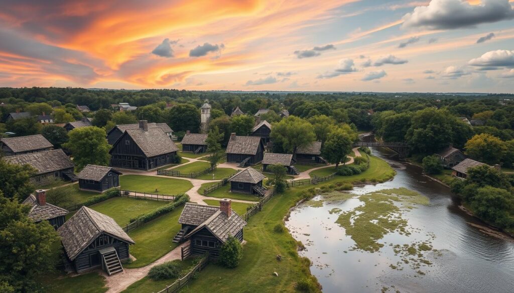 A reconstructed view of the Jamestown Settlement, showing wooden fortifications, colonial houses, and ships docked by the riverbank. Early settlers are engaged in daily activities.