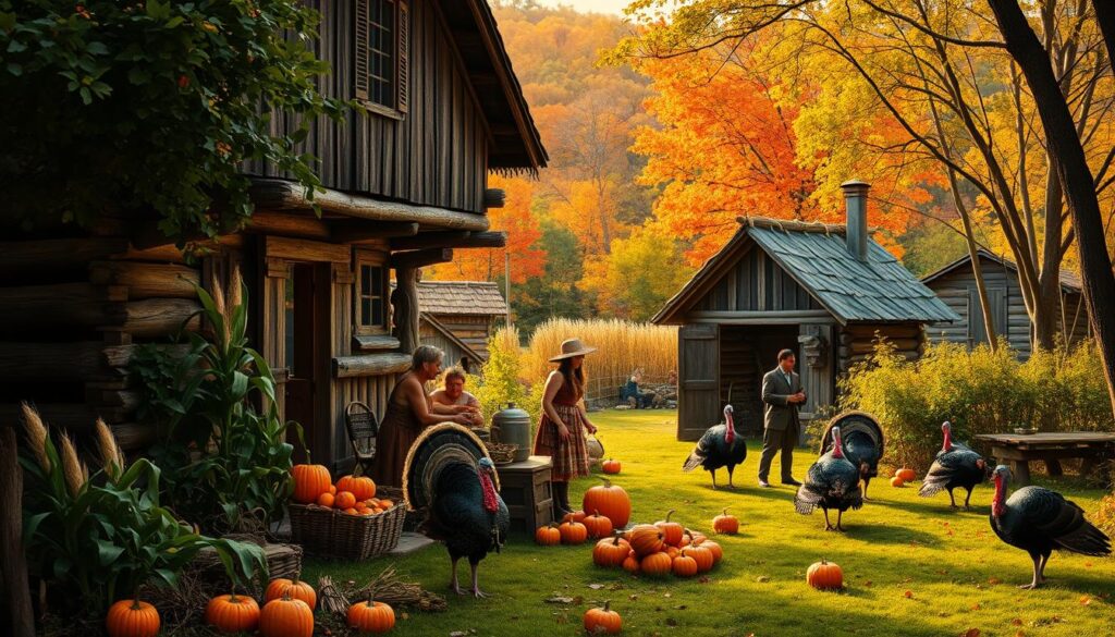 A group of Pilgrims and Native Americans gathered around a large wooden table outdoors, sharing a meal during the first Thanksgiving.