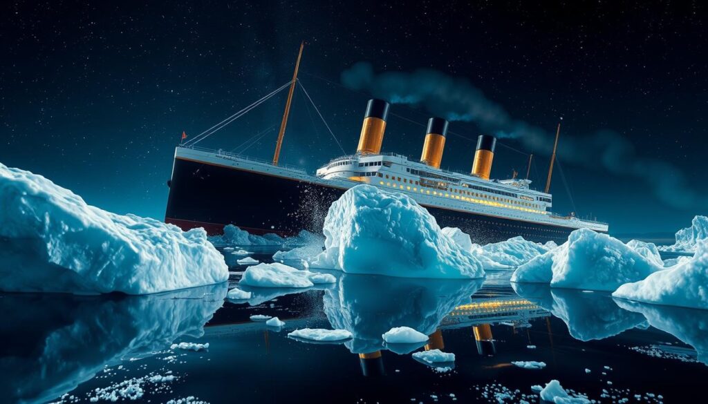 An artistic depiction of the RMS Titanic colliding with an iceberg at night, with the ship's lights reflecting off the icy waters and the looming iceberg towering beside it.