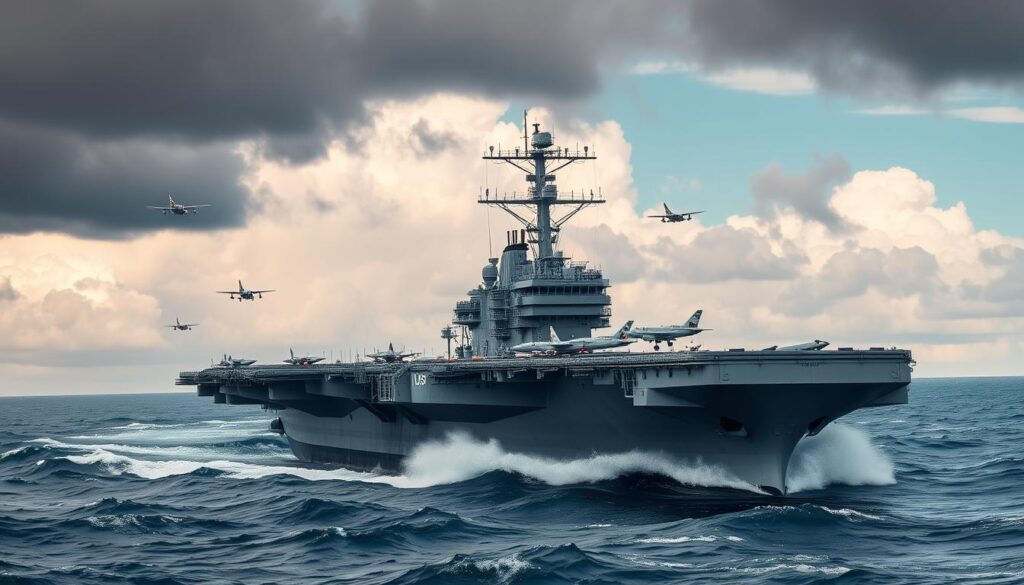 USS Lexington (CV-2) with aircraft lined up on the flight deck during World War II.