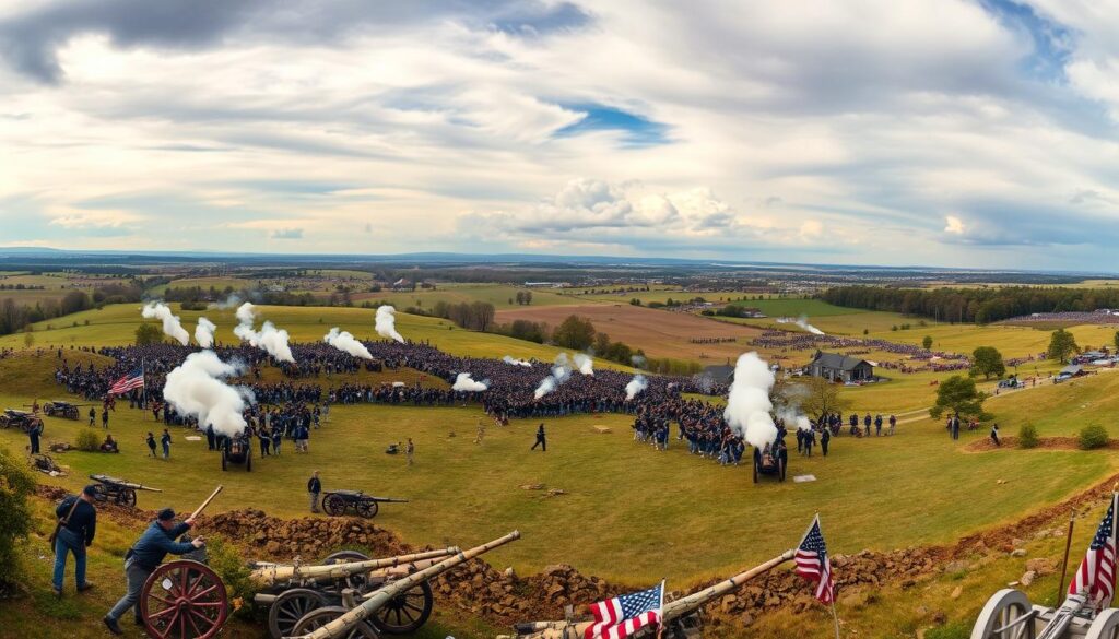 Union and Confederate soldiers clashing in the Battle of Gettysburg, with smoke and chaos on the battlefield.