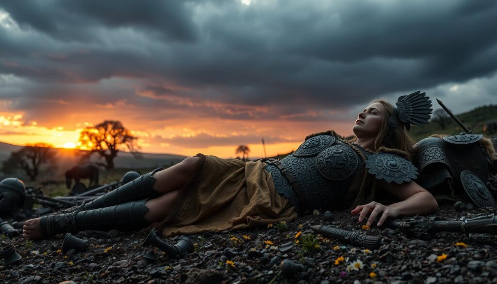 "An artistic depiction of Queen Boudica's death after her defeat by Roman forces, portraying her tragic end in the aftermath of the Battle of Watling Street."