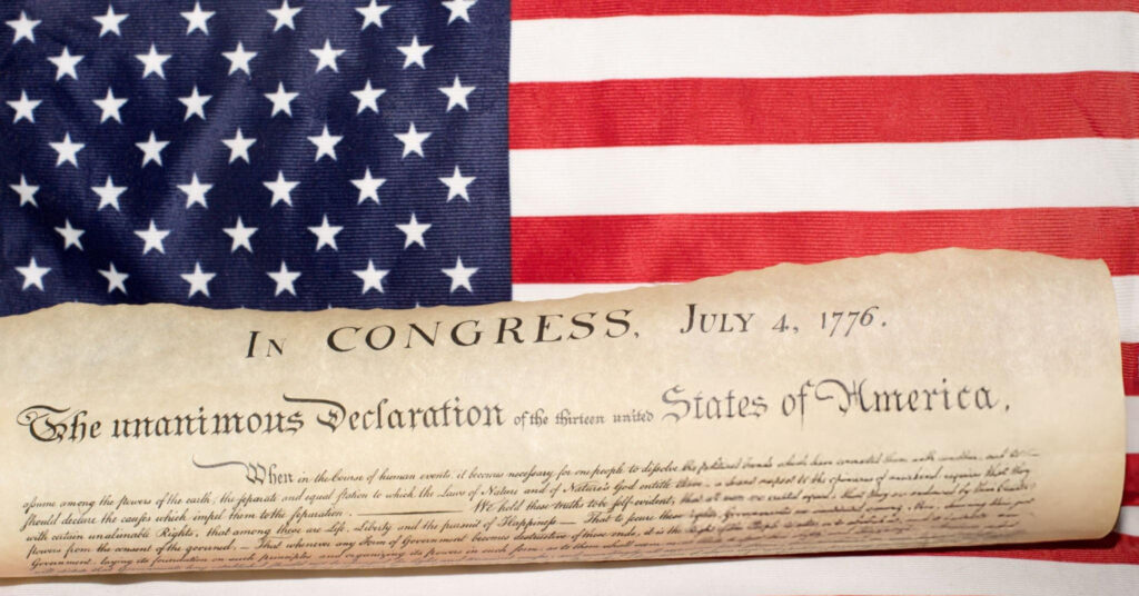 The Declaration of Independence, a historic document signed on July 4, 1776, asserting the thirteen American colonies' freedom from British rule.