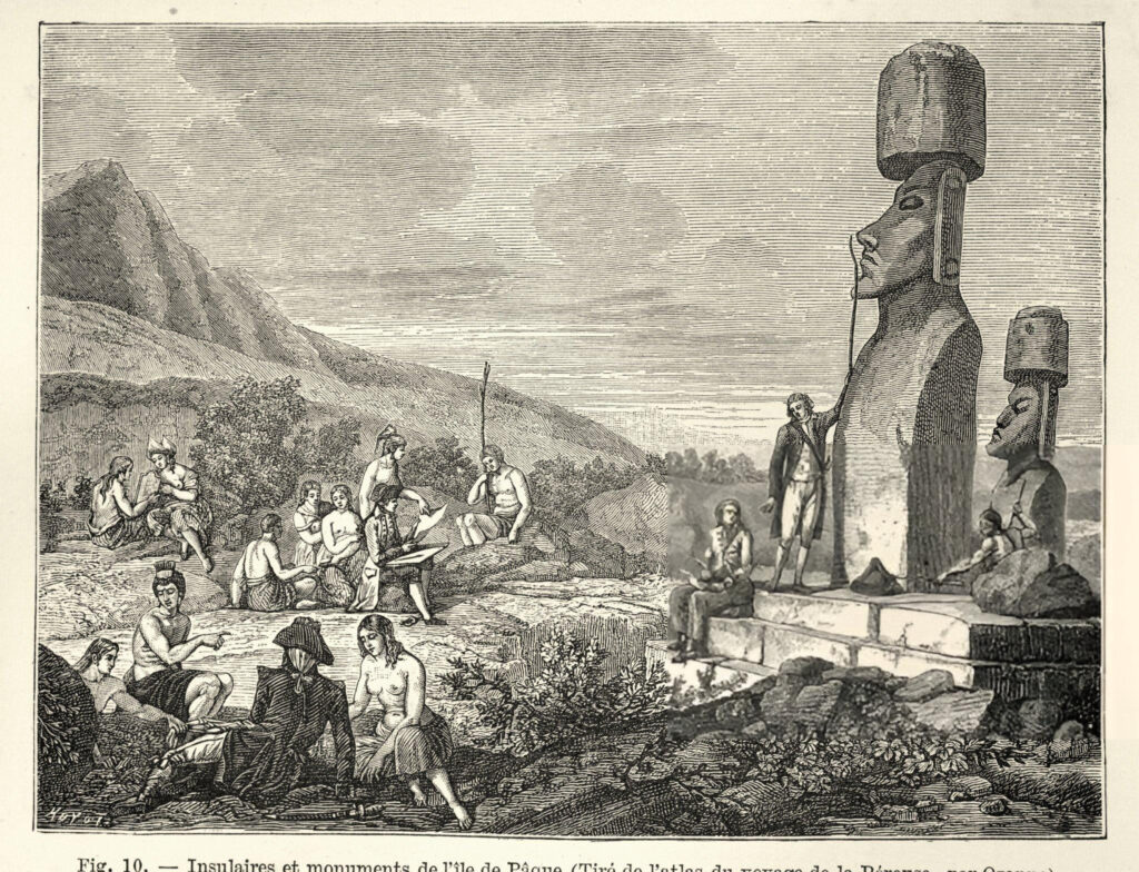 Vintage French 18th-century illustration of Moai statues with Rapa Nui people on Easter Island.