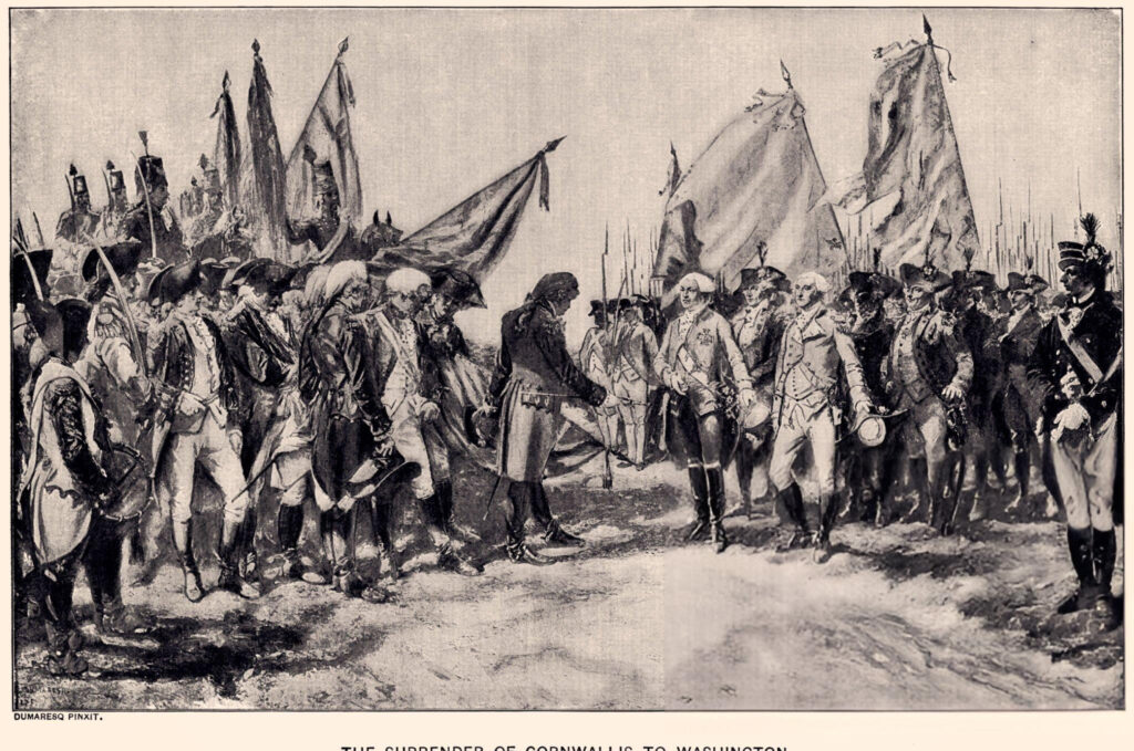 "British surrender at Yorktown marking the end of the American Revolutionary War in 1781, with British officers formally surrendering to American and French forces."