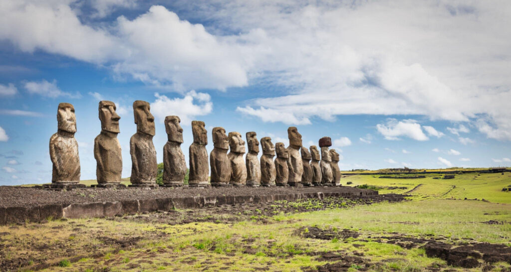 Rano Raraku quarry with partially carved moai statues on Easter Island.