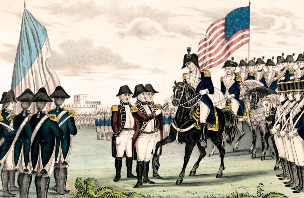 "British surrender at Yorktown marking the end of the American Revolutionary War in 1781, with British officers formally surrendering to American and French forces."