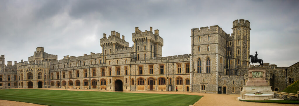 A view of Windsor Castle, one of the oldest and largest inhabited castles in the world, with the Round Tower prominently visible.