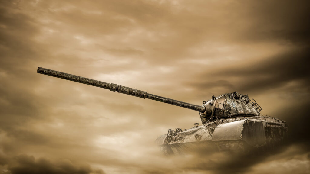 German Tiger tank advancing on a battlefield during World War II