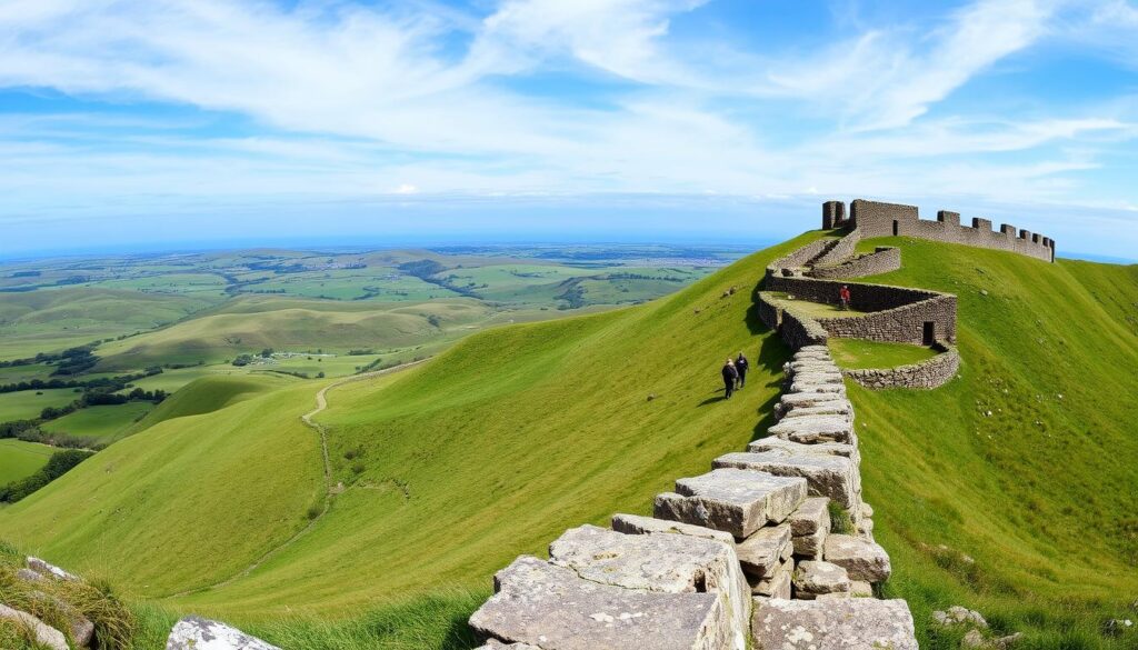 "Ruins of Hadrian's Wall, showcasing ancient stone structures and a picturesque countryside landscape in Northern England."