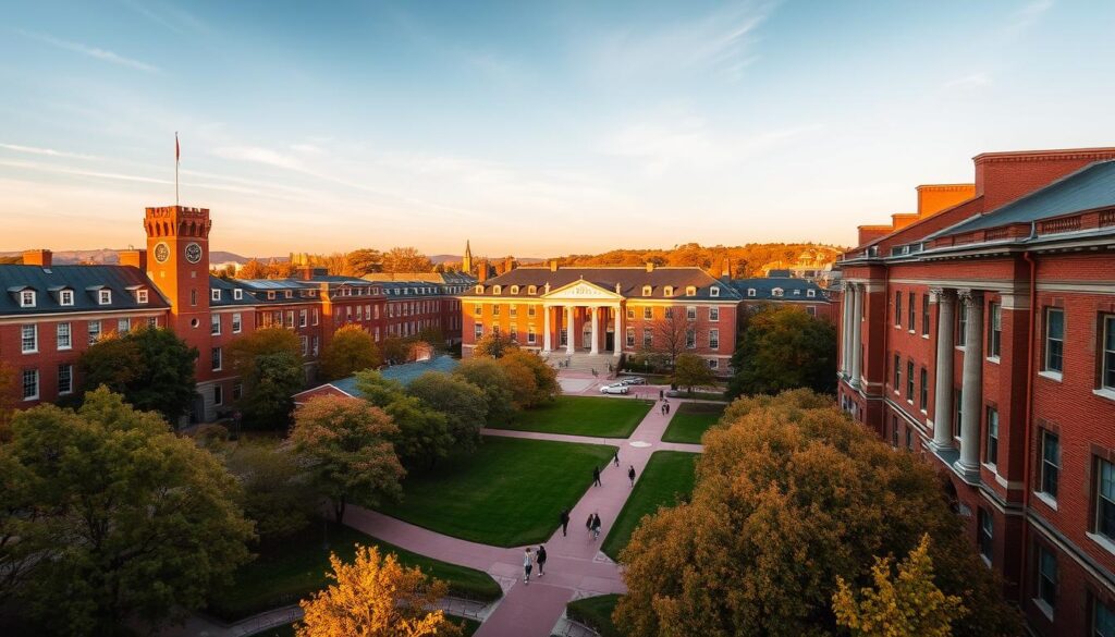 Aerial view of Harvard University campus with historic buildings, green spaces, and surrounding urban landscape.