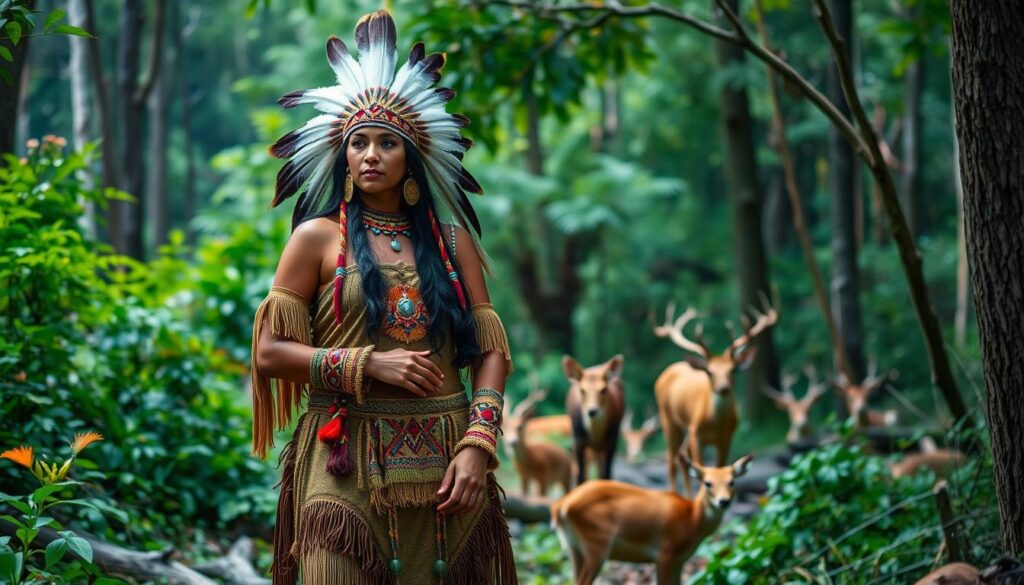 A Native American in traditional attire, standing outdoors, surrounded by natural scenery, showcasing cultural heritage and history.