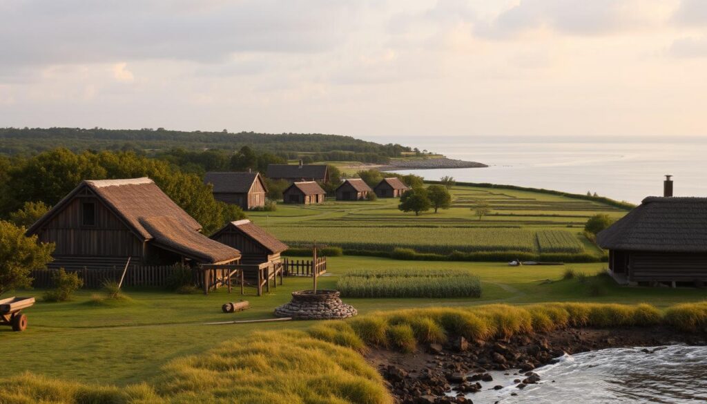 A historical reconstruction of Plymouth Plantation, featuring wooden houses with thatched roofs, surrounded by a wooden palisade, replicating a 17th-century English colony.