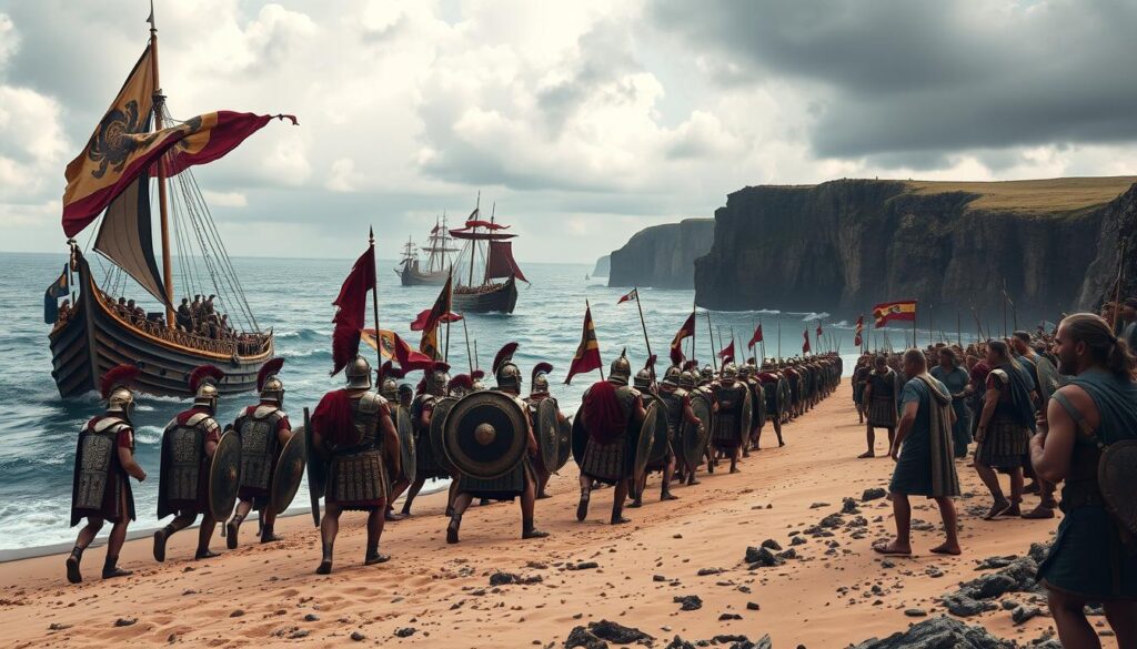 A scene depicting Roman soldiers landing on the shores of Britain, with ships in the background and native Britons preparing for defense.