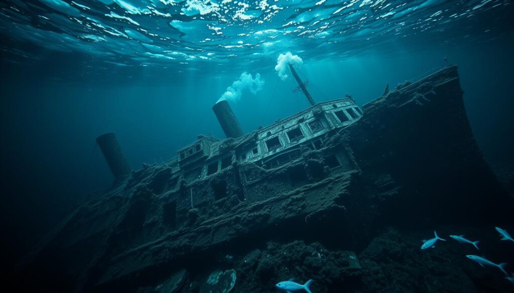 A haunting underwater photograph of the RMS Titanic wreckage on the ocean floor, showcasing the iconic bow and the surrounding marine life, with soft beams of light filtering through the water.